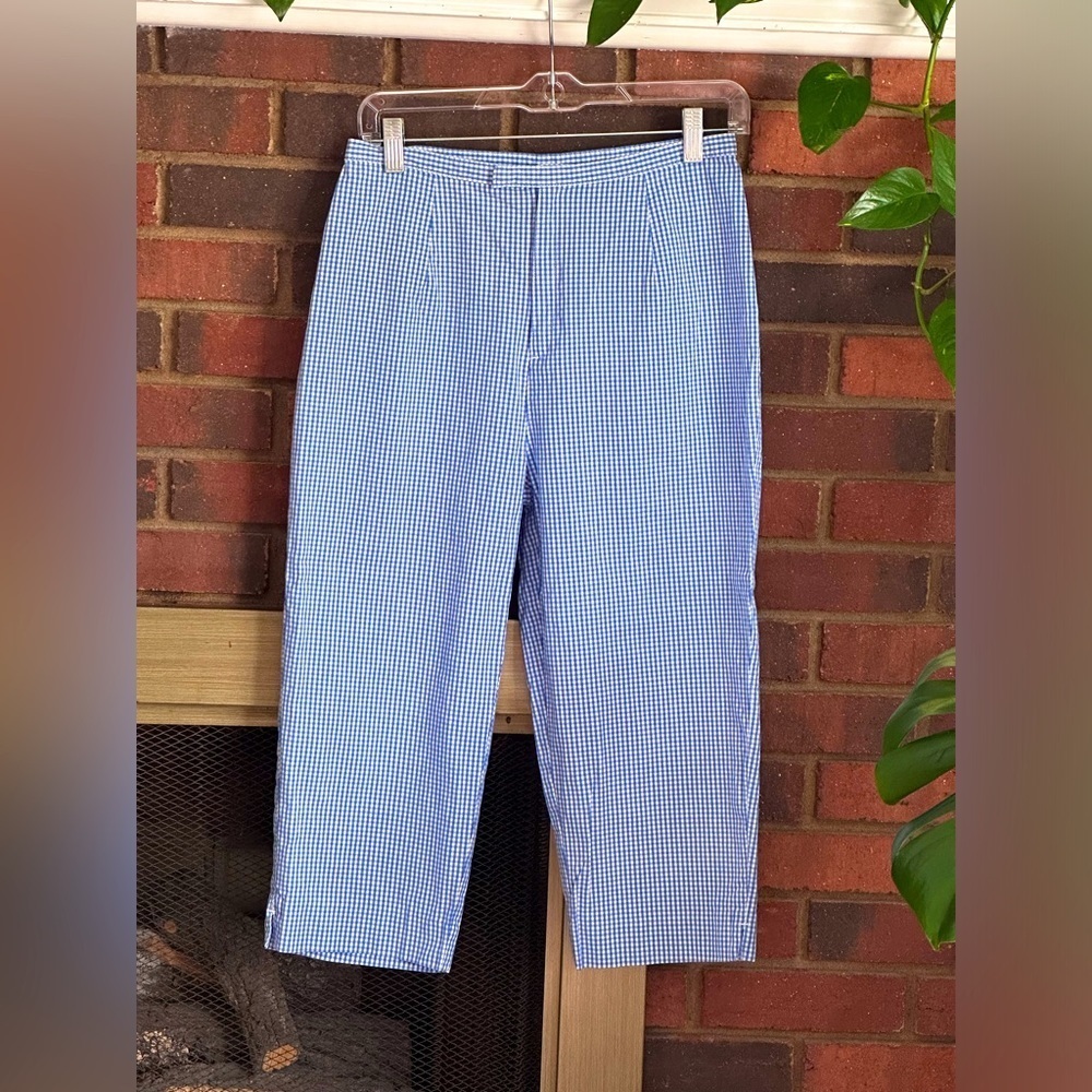#6)  Rogers 97% Cotton 3% Spandex blue and white striped Capri size Small.